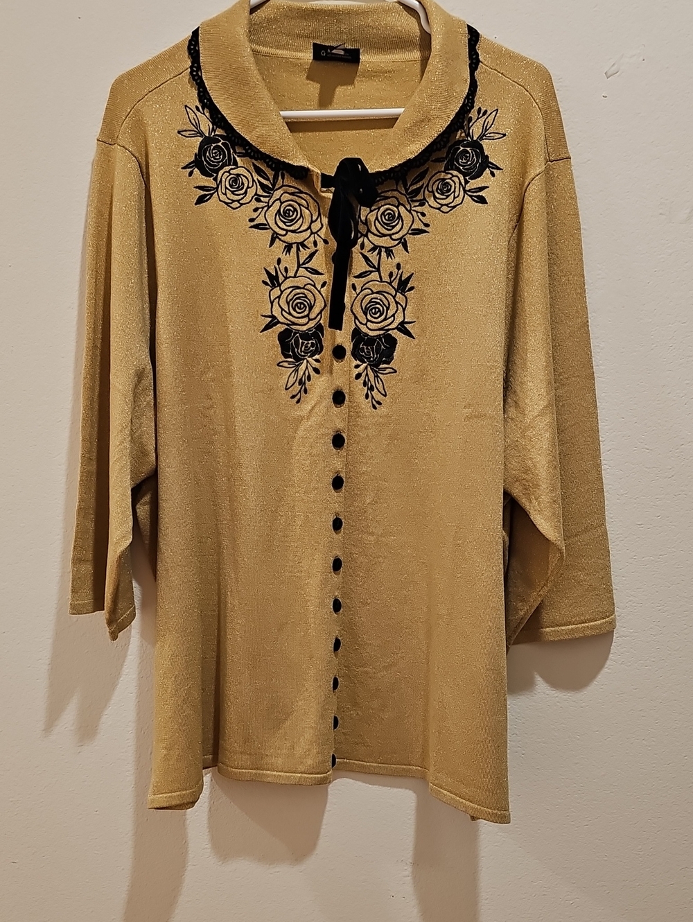 Retro Chic Mustard Yellow Cardigan with Black Floral Embroidery